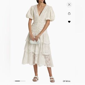 FARM Rio White Cotton Eyelet Puff Sleeve Midi Dress S